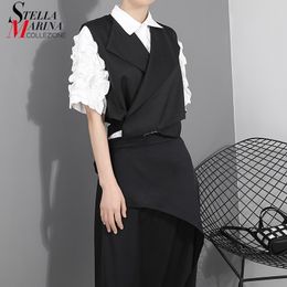 Korean Style Free Size Woman Top Solid Black Wrap Vest Sashes Sleeveless V Neck Ladies Unique Casual Gilet Style Streetwear 1851 201110