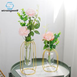 Strongwell Nordic Golden Glass Vase Iron Hydroponic Plant Flower Vase Tabletop Coffee Shop Office Home Decoration LJ201209