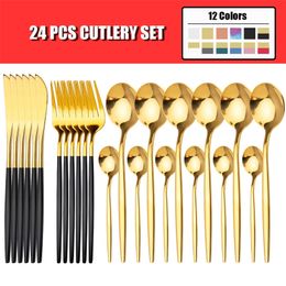24pcs Stainless Steel For Kitchen Dinnerware Knife Fork Spoon Travel Cutlery Tableware Set Of Dishes 201116