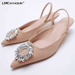 Dress Shoes LMCAVASUN Spring sandals crystal floral women dress shoes low thin heel slingbacks 220316
