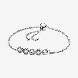 New Arrival 100% 925-Sterling-Silver Round Sparkle Slider Bracelet for Women Luxury Jewellery Valentine's Day Gift