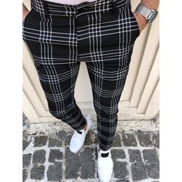 Men's Casual Pants Plaid Social Slim Fit Black Trousers Zipper Mid Waist Skinny Business Office Work Party Male Summer Stretchy 201118