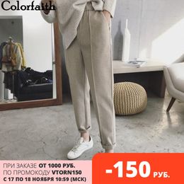 Colorfaith New Autumn Winter Women Pant High Waist Pocket Korean Minimalist Style Fashion Ankle-Length Casual Pants P936 201119