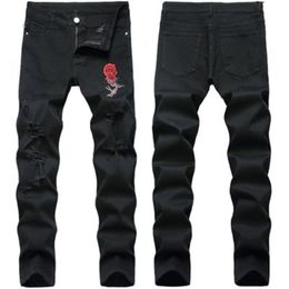 Man Stretch Rose Embroidery Jeans Fashion Occident Trend Hole Fold Zipper Denim Pants Designer Male Autumn New Mid Waist Casual Slim Jeans