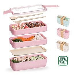 Wheat Straw Lunch Box for Kids Tuppers Food Containers School Camping Supplies Dinnerware Leak-Proof 3 Layer Bento Box Sushi 201210