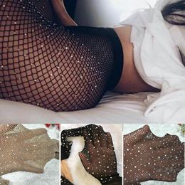 Women's Sexy Fishnet Stockings Open Crotch Mesh Tights Shiny Rhinestone Nylons Stockings Black Erotic Lingerie Collant1