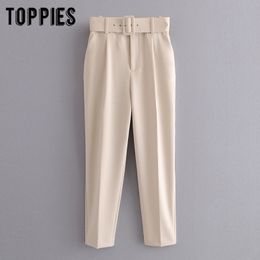 biege suit pants women high waist cargo pants belt solid Colour trousers joggers pantalones de mujer 201109