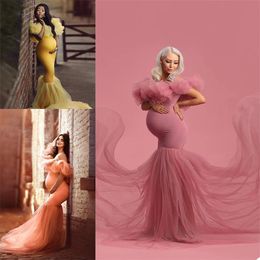 Elegant Long Mermaid Evening Dresses Plus Size Off Shoulder Ruffle Sweep Train Maternity Gowns Pregnant Women Party Fashion Nightgowns