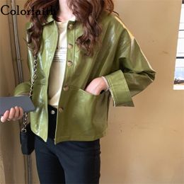 Colorfaith New Fall Winter Women's Leather Jackets Pockets Outerwear Fashionable Faux Leather Wild Short Lady Tops JK1318 210201