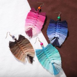 Gradient Color Cotton Thread Weave Macrame Earrings Women Beaded Hand-woven Tassel Dangle Earrings Bohemia Jewelry Drop 282w