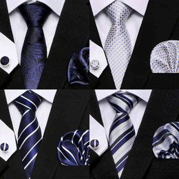 Plaid men tie handkerchief set Extra Necktie navy blue Paisley Silk Jacquard Woven Neck fit Suit Wedding Party business group Y1229