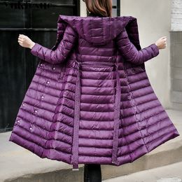Down Jacket Female Vintage A line Overcoat Ultralight Winter Coat Women Long Warm Parka With Belt Plus size jeackets 201103