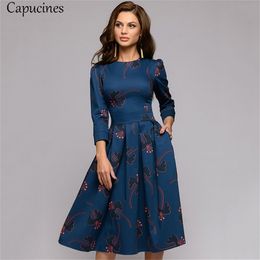 Capucines Navy Blue 3/4 Sleeves Printed Dress Women Spring Summer Vintage Pocket A-line Casual Dress Elegent Party Vestidos LJ200810