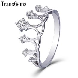 Transgems Solid 14K 585 White Gold Ladies Ring F Color Moissanite Crown Shaped Ring for Women Stackable Wedding Band Y200620