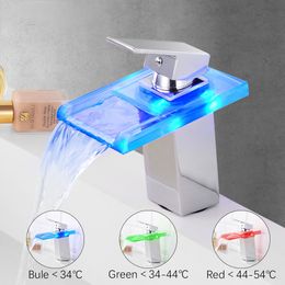 LED Light Glass Waterfall Basin Faucet for Bathroom.Torneira Led.Chrome Finished Colourful Deck Mounted Sink Mixer Tap.