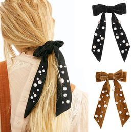 New Female Velvet Hair Clip Rhinestone Pearl Hairpins Ribbon Barrette Elegant Korean Women Girls Hair Accessories Headwear