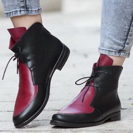 Ankle Boots Women Patchwork PU Leather Shoes Ladies Lace Up Buckle Shoes Thick Heel Short Casual Footwear Boots