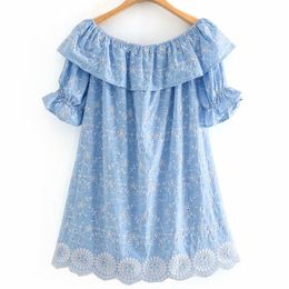 women fashion blue summer floral embroidery za playsuits 2020 sweet lady hollow out french style cute loose short jumpsuit T200704
