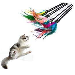 Cat Toys Feather Wand Kitten Cat Teaser Turkey Feather Interactive Stick Toy Wire Chaser Wand Toy Random Colour DH8888