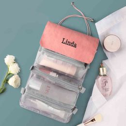 Custom Embroidery Foldable Toiletry Bag Portable Separated Large Volume Personalised WomenCosmetic Makeup Kits