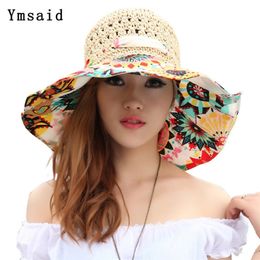 Fashion Sun Hat For Women Holiday Beach Straw Female Hollow Printed Bow Summer Big Brim Fold Uv Protection Floppy 220312