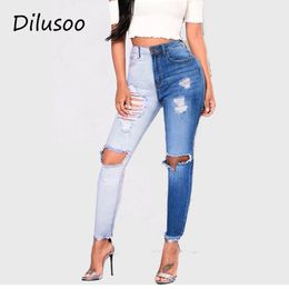 Dilusoo Skinny Patchwork Jeans Pants For Women High Elastic Ripped Denim Jeans Woman Casual Slim Pencil Pants Jeans Ladies 201030