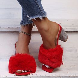 Big Size 35-43 New Ladies High Heel Fur Sandals 2021 Summer Fashion Women Slip on Casual Slippers Sandalias Mujer 0227