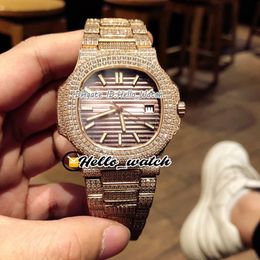 New 5711 5711/1A Brown Texture Dial Miyota Automatic Mens Watch Rose Gold Fully Iced Out Diamond Bracelet Sport Watches HWPP Hello_watch