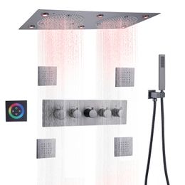 Gun Grey Thermostatic Shower Faucets 62*32 CM LED Bathroom Top Shower Rainfall Atomizing Massage Showers Set