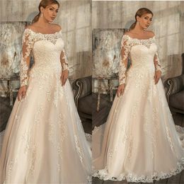 Plus Size A Line Wedding Dresses Appliqued Lace Long Sleeves Ruched Satin Bridal Gowns Custom Made Beach Boho Sweep Train Robes De Mariée