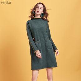 ARTKA Autumn Winter New Women Dress Turtleneck Knitted Sweater Dresses Loose Long Sweater Dress With Pockets Women LB10197Q 201029