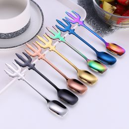 Stainless Steel Trident Coffee Spoon 7 Colours Multi Function Spoon Kitchen Accessories Flatware Fruit Fork WB3391