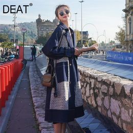 [DEAT] New Autumn Fashion Women's Trench Coat Casual Woollen Patchwork Over Size Wild Full Sleeve Lapel Collar Denim TX148 201031