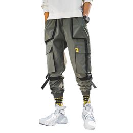 Autumn Men Casual Ribbons Streetwear Cargo Pants Boys Hip Hop Joggers Pants Males Overalls Fashions Baggy Pockets Trousers