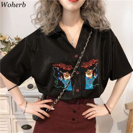 Woherb Womens Tops and Blouses Modis Tiger Embroidery Shirt Ladies Vintage Black Summer Tops Loose Blusas Femininas LJ200812