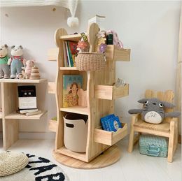 Children Cabinets 360 degree rotating children's bookshelf solid wood multi-functional books picture book floor storage bear Cabinet