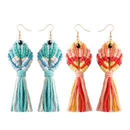 Handmade Tassel Macrame Koi Fish Earrings For Women Cotton Thread Beaded Fringed Dangle Earrings Accessories