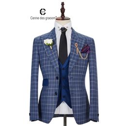 Cenne Des Graoom New Men Suit Vest Pants Plaid 3 Pieces Slim Fit Blue Grey Wedding Entertainment Party Costume DG-BF 201106