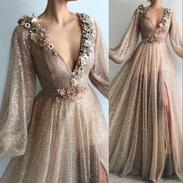 New Rose Gold Sequined Lace Sexy Arabic Dubai Prom Dresses Sequins Side Split With Flowers Long Sleeves Plus Size Party Evening Gowns