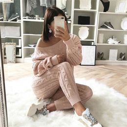 Autumn Winter 2 Piece Set Women O-Neck Sweater Top+Elastic Waist Pants Knitted Suit Women Cotton Tracksuit Jumpers Outfit Coat 201119