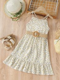 Toddler Girls Ditsy Floral Print Frill Trim Belted Cami Dress SHE
