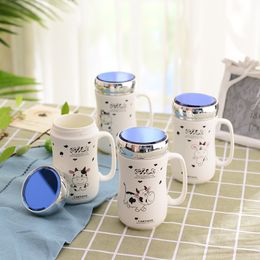 380ML Cartoon Cow Priting Matte Porcelain Coffee Tea Mug With Mirror Lid Unique Creative Gift Personalised Handmade White Online T200506