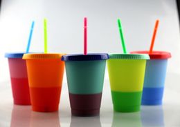 Mini Color Changing Cup Plastic 16oz Sippy Cup Magic Plastic Drinking Tumbler with Straw 5pcs Per Set Coffee Mug Water Bottle A02