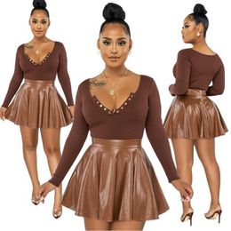 Women Tracksuits PU Leather Two Piece Outfits Long Sleeve Fashion V Neck spring 2022 women s clothing New Arrivals Feather Skirt Set