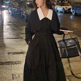 Elegant Black Midi Shirt Dres Gothic Dress Korean Fashion Y2k Vintage Trench Dress Office Lady Autumn Chic 220311