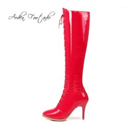 Arden Furtado 2020 spring autumn winter high heels 8cm knee high boots shoes for woman red boots fashion stilettos lace up shoes1