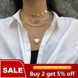 Youvanic Vintage Layered Gold Chain Locket Heart Pendant Necklace Love Letter Star Choker For Women Fashion Jewelry Collar 261412572