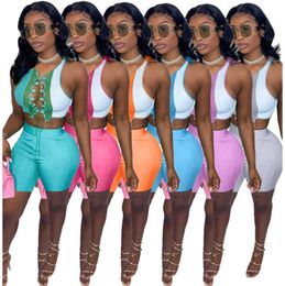 Women Tracksuits Two Piece Sets Designer Summer Shorts Outfits Sexy Round Neck Color Contrast Splicing Strap Hollow Out Sleeveless