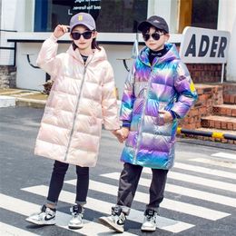 Children Girls School Winter Jacket Long Style Oversized Hooded Glossy Parka Teenage Boys Outerwear Snow Down Coat 12 13 14 Year LJ201017