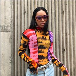 Sexy Tie Dye Colorful Patchwork Turtleneck Long Sleeve T Shirts Women Transparent Mesh Tops Tees Harajuku Slim Clothing Y200110